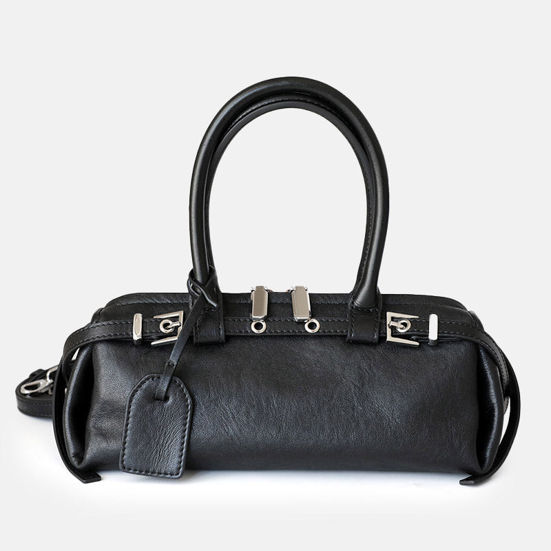 Women’s Vintage Genuine Leather Belt-Decorated Zip-Top Baguette Bag image 3