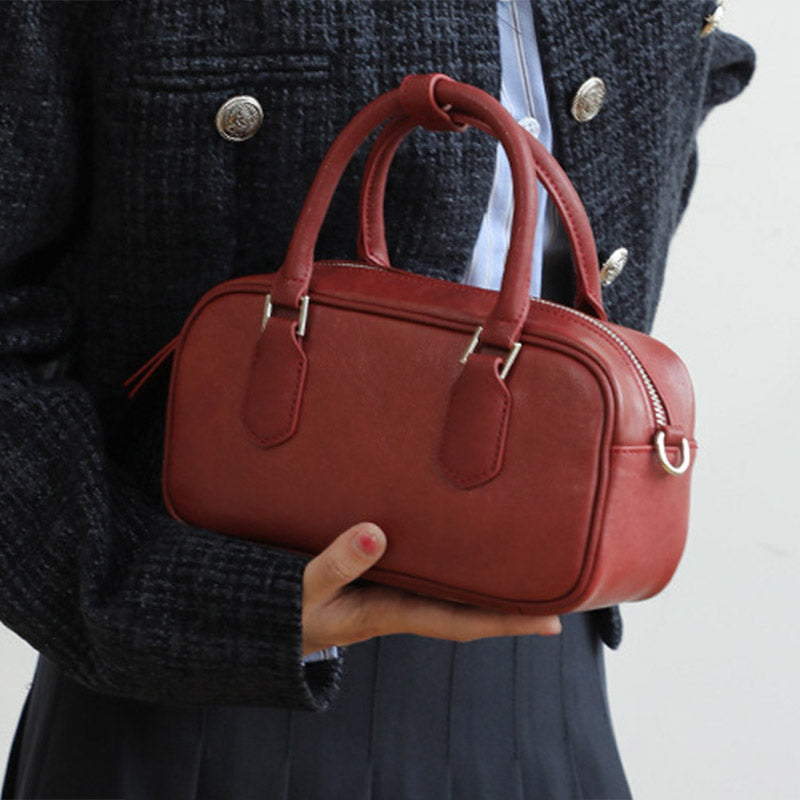 Women’s Vintage Genuine Leather Boston Handbag With Crossbody Strap image