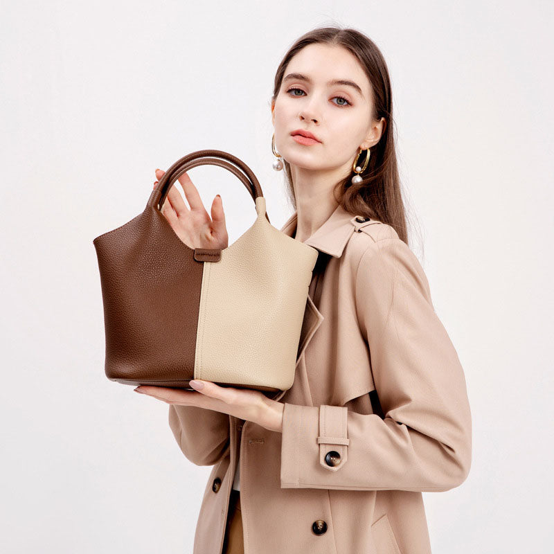 Women’s Vintage Genuine Leather Color Block Crossbody Bucket Bag image 2