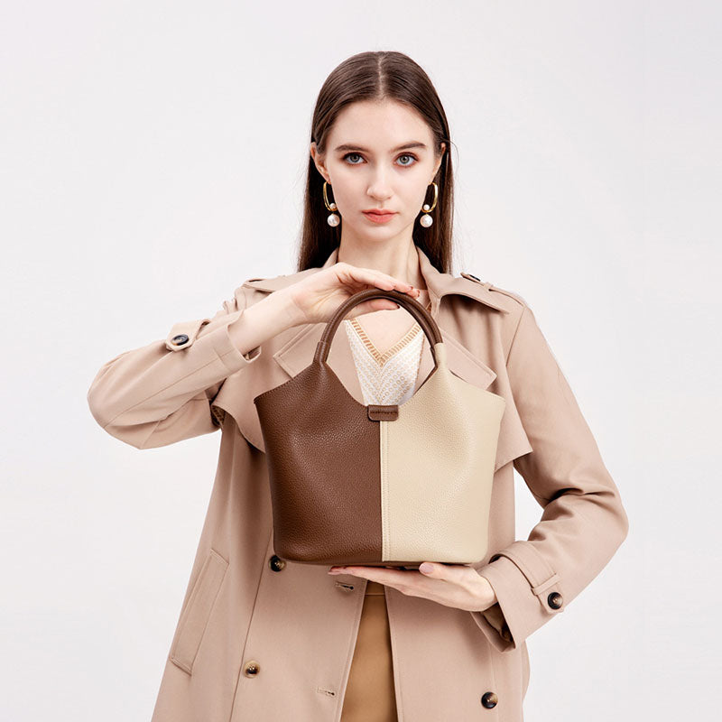 Women’s Vintage Genuine Leather Color Block Crossbody Bucket Bag image 3