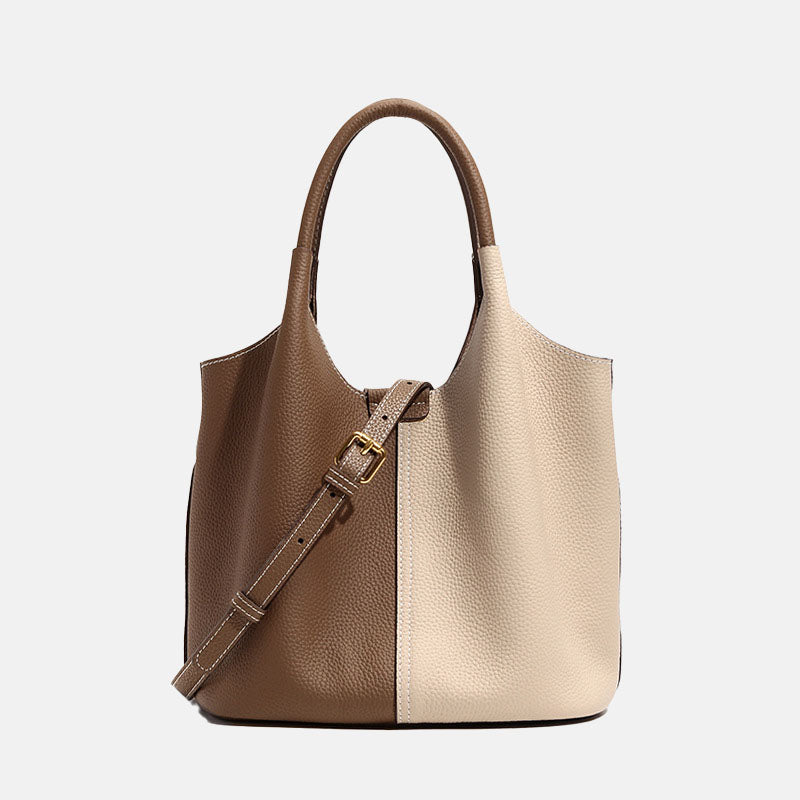 Women’s Vintage Genuine Leather Color Block Crossbody Bucket Bag image