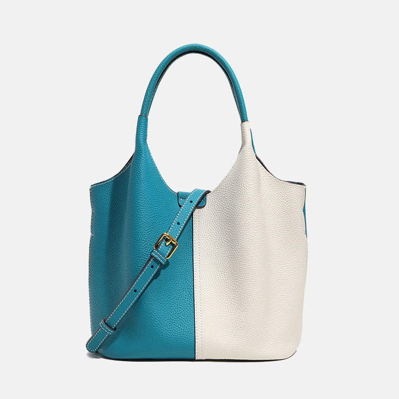 Women’s Vintage Genuine Leather Color Block Crossbody Bucket Bag image 5