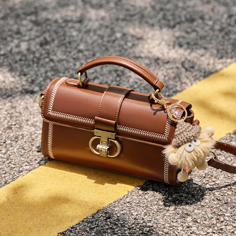 Women’s Vintage Genuine Leather Crossbody Top Handle Bag with Lock Closure image 2