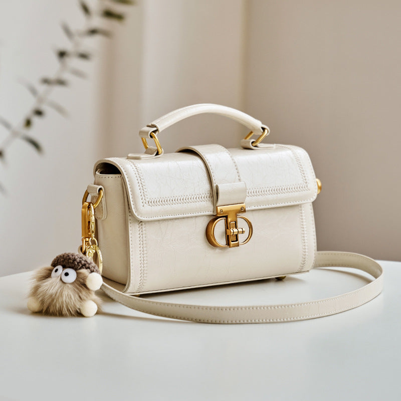 Women’s Vintage Genuine Leather Crossbody Top Handle Bag with Lock Closure image 8
