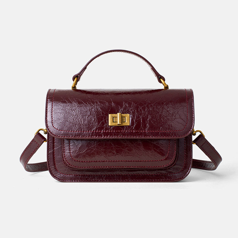 Women’s Vintage Genuine Leather Embossed Lock-Clasp Crossbody Top Handle Bag image