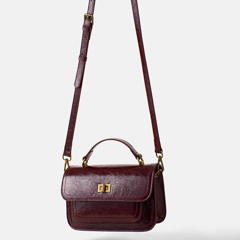 Women’s Vintage Genuine Leather Embossed Lock-Clasp Crossbody Top Handle Bag image 4