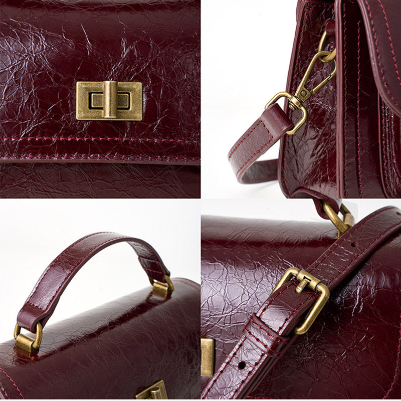 Women’s Vintage Genuine Leather Embossed Lock-Clasp Crossbody Top Handle Bag image 5