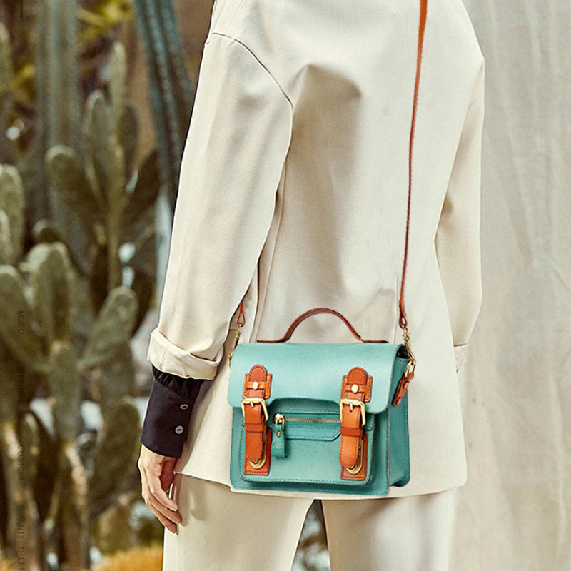 Women’s Vintage Genuine Leather Flip Cover Double Lock Buckle Crossbody Top Handle Bag image 3
