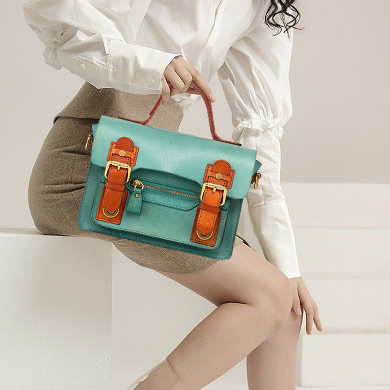Women’s Vintage Genuine Leather Flip Cover Double Lock Buckle Crossbody Top Handle Bag image 4