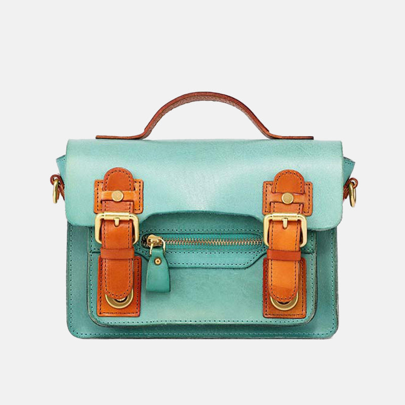 Women’s Vintage Genuine Leather Flip Cover Double Lock Buckle Crossbody Top Handle Bag image