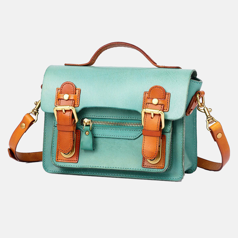 Women’s Vintage Genuine Leather Flip Cover Double Lock Buckle Crossbody Top Handle Bag image 2