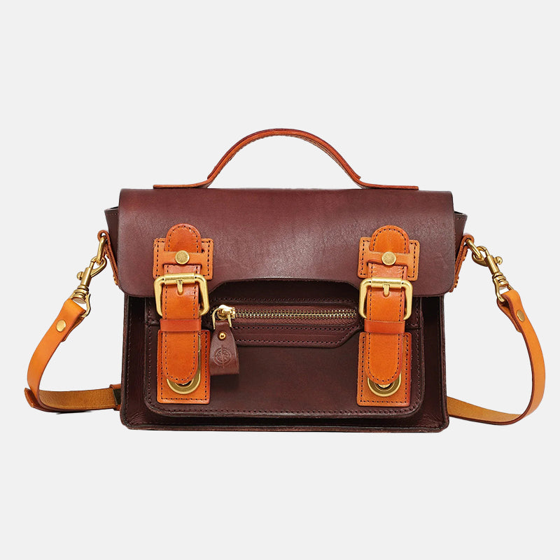 Women’s Vintage Genuine Leather Flip Cover Double Lock Buckle Crossbody Top Handle Bag image 7