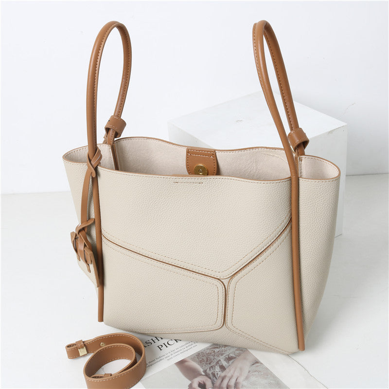 Women’s Vintage Genuine Leather Geometric Stitching Bucket Tote Bag image 4