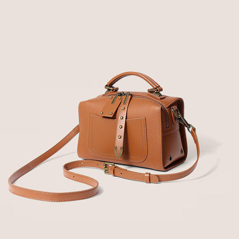 Women’s Vintage Genuine Leather Pillow Shaped Studded Zipper Crossbody Handbag image 3