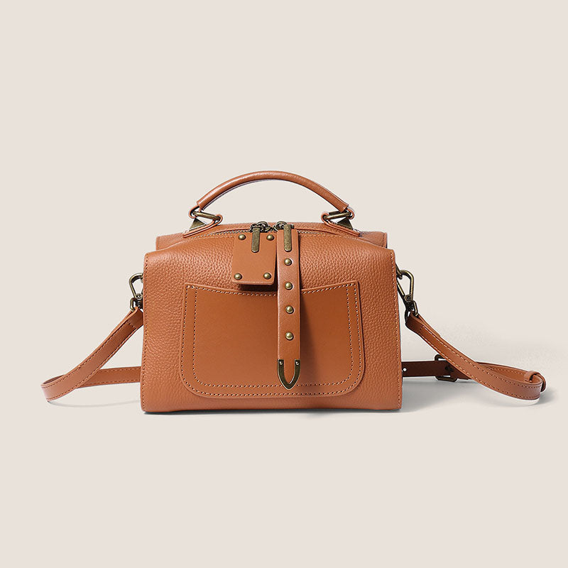 Women’s Vintage Genuine Leather Pillow Shaped Studded Zipper Crossbody Handbag image