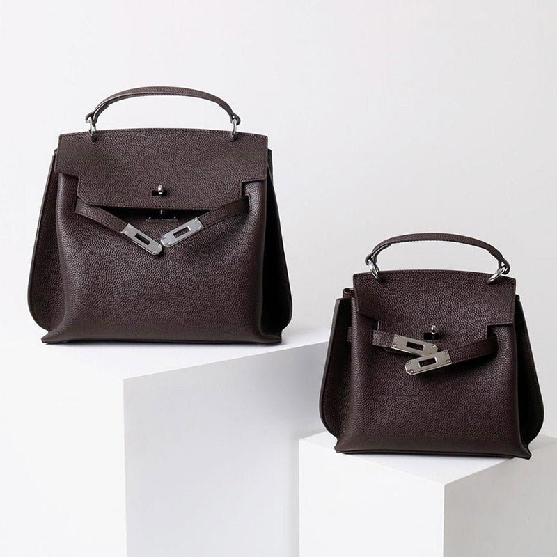 Women’s Vintage Genuine Leather Top Handle Bag With Lock Closure image 3