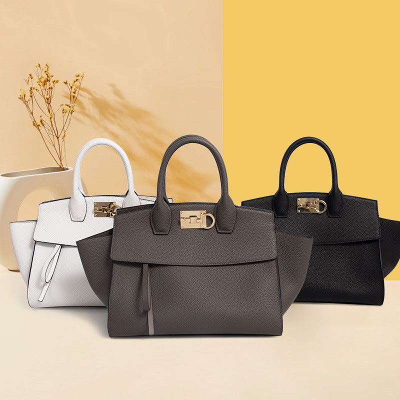 Women’s Vintage Genuine Leather Wing-Shaped Top Handle Bag With Lock Closure image 3