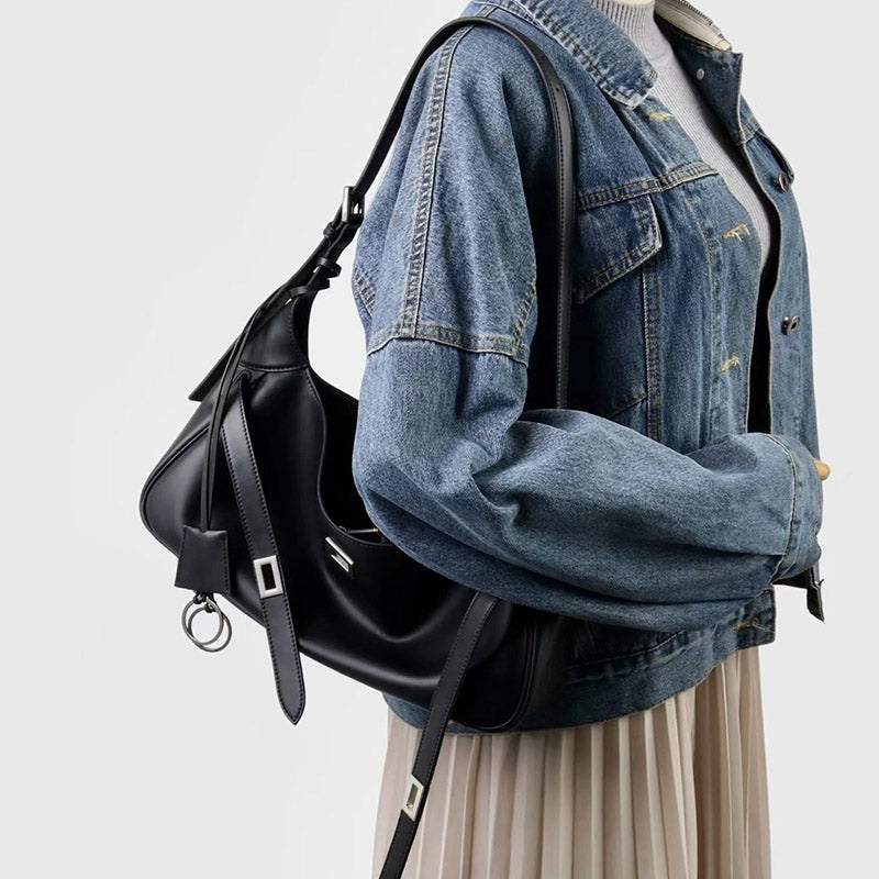 Women’s Vintage Leather Lock-Clasp Shoulder Baguette Bag image 5