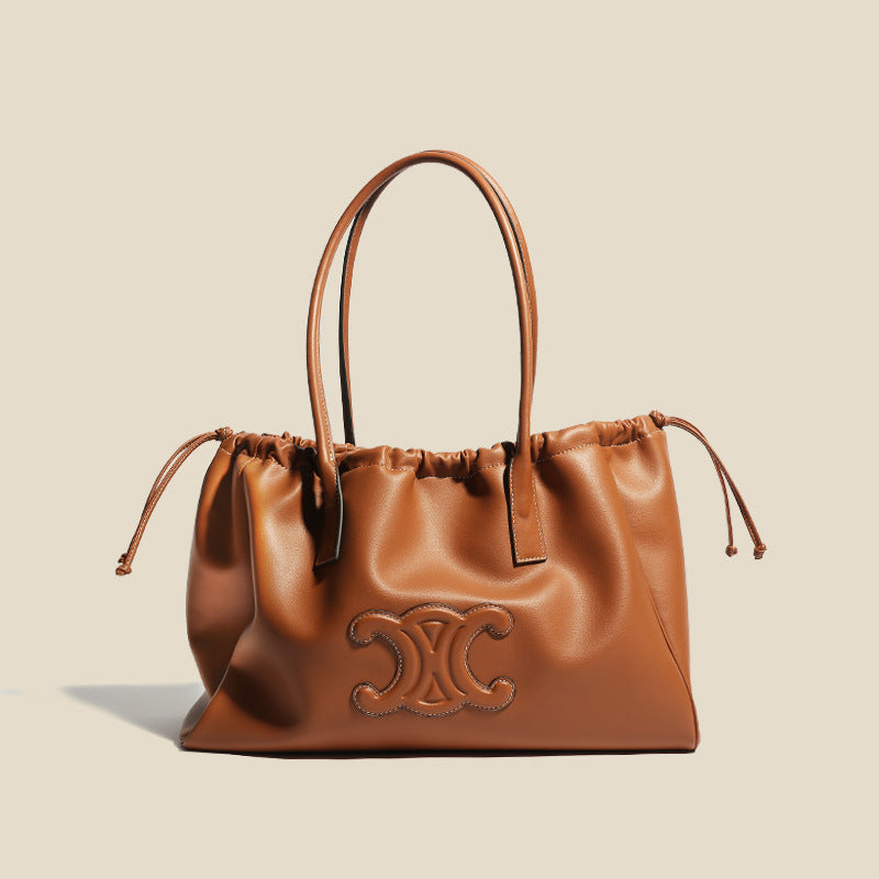 Women’s Vintage Leather Pleated Drawstring Tote Bag image 3
