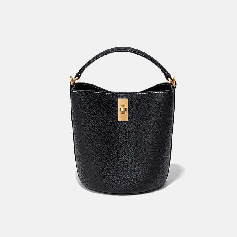 Women’s Vintage Minimalist Genuine Leather Lock Buckle Crossbody Bucket Bag image