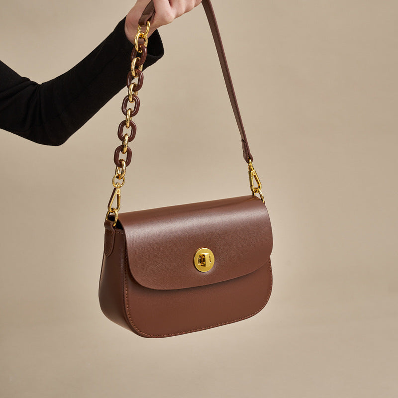 Women’s Vintage Minimalist Genuine Leather Lock Chain Crossbody Shoulder Bag image 3