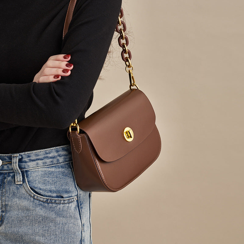 Women’s Vintage Minimalist Genuine Leather Lock Chain Crossbody Shoulder Bag image 4