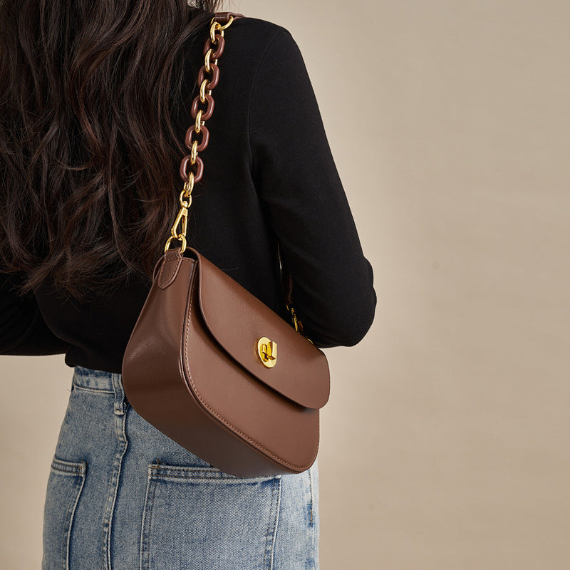 Women’s Vintage Minimalist Genuine Leather Lock Chain Crossbody Shoulder Bag image 5