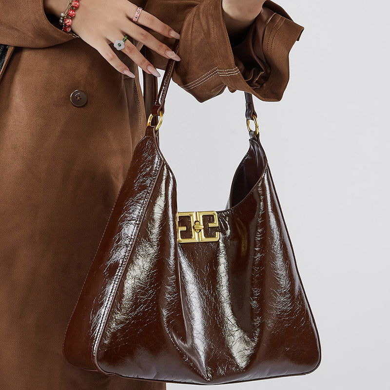 Women’s Vintage Oil Wax Genuine Leather Clasp Accent Hobo Bag image 2