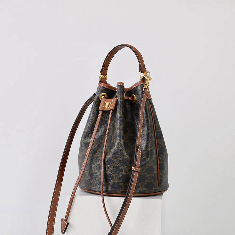 Women’s Vintage Old Flower Color Split Leather Triomphe Drawstring Bucket Bag In Gold Hardware image 3