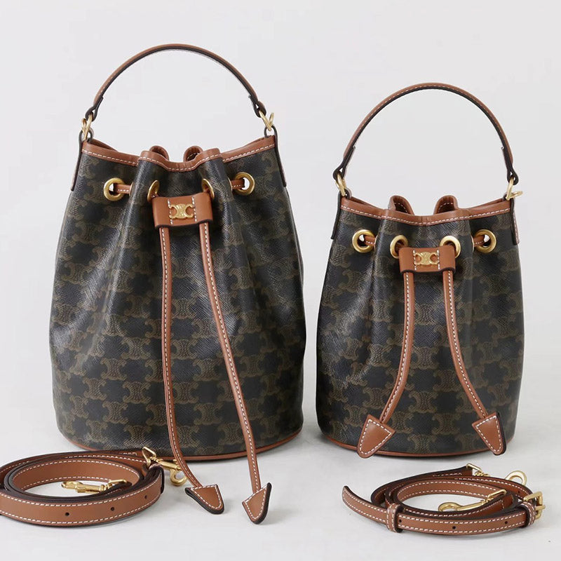 Women’s Vintage Old Flower Color Split Leather Triomphe Drawstring Bucket Bag In Gold Hardware image 4