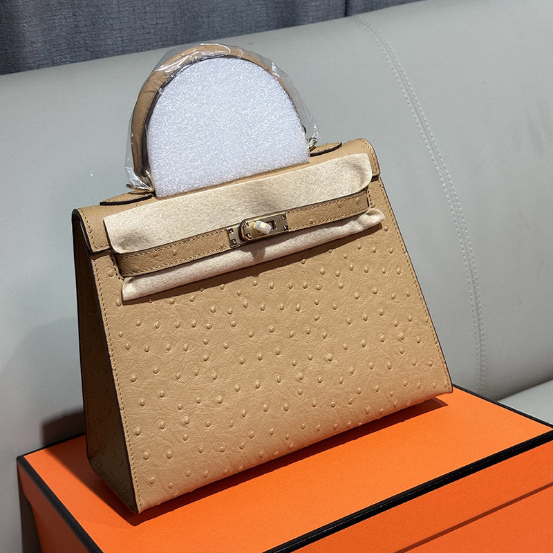 Women’s Vintage Ostrich Embossed Top-Grain Leather Handbag In Gold Hardware image 3