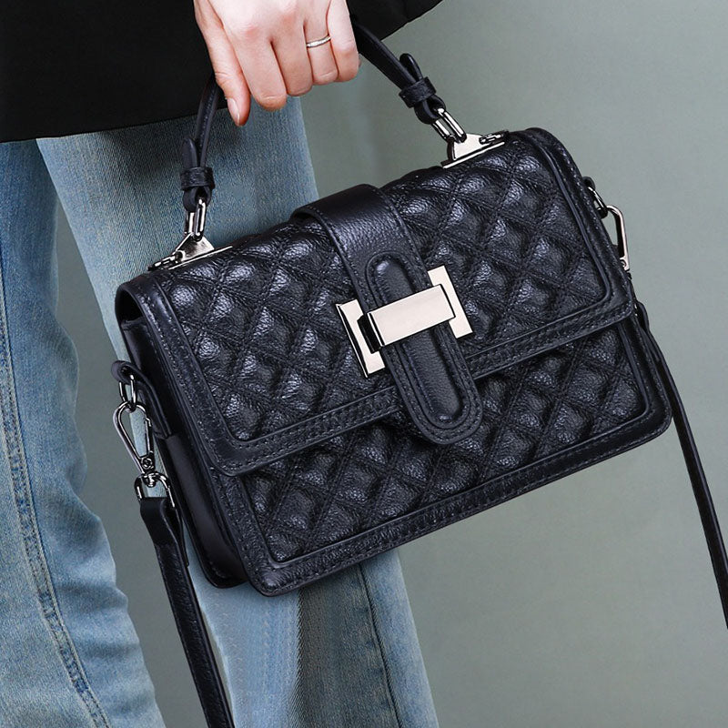 Women’s Vintage Quilted Genuine Leather Buckle Clasp Top Hand Bag image 3