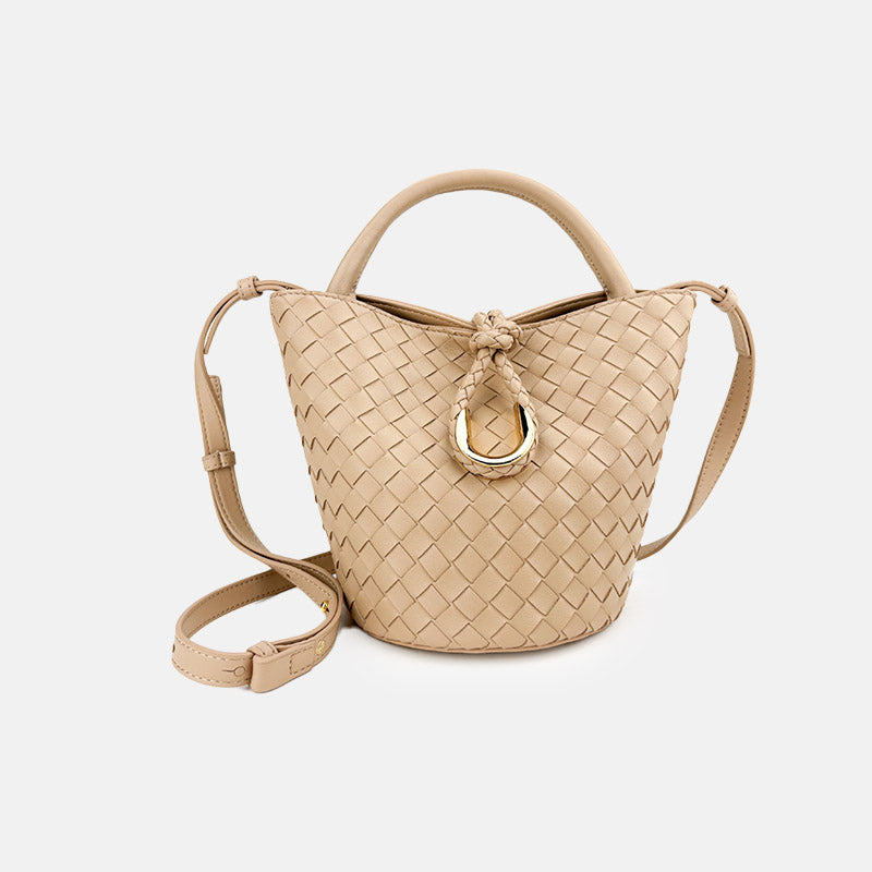 Women’s Vintage Woven Genuine Leather Knot-Closure Crossbody Bucket Bag image 7