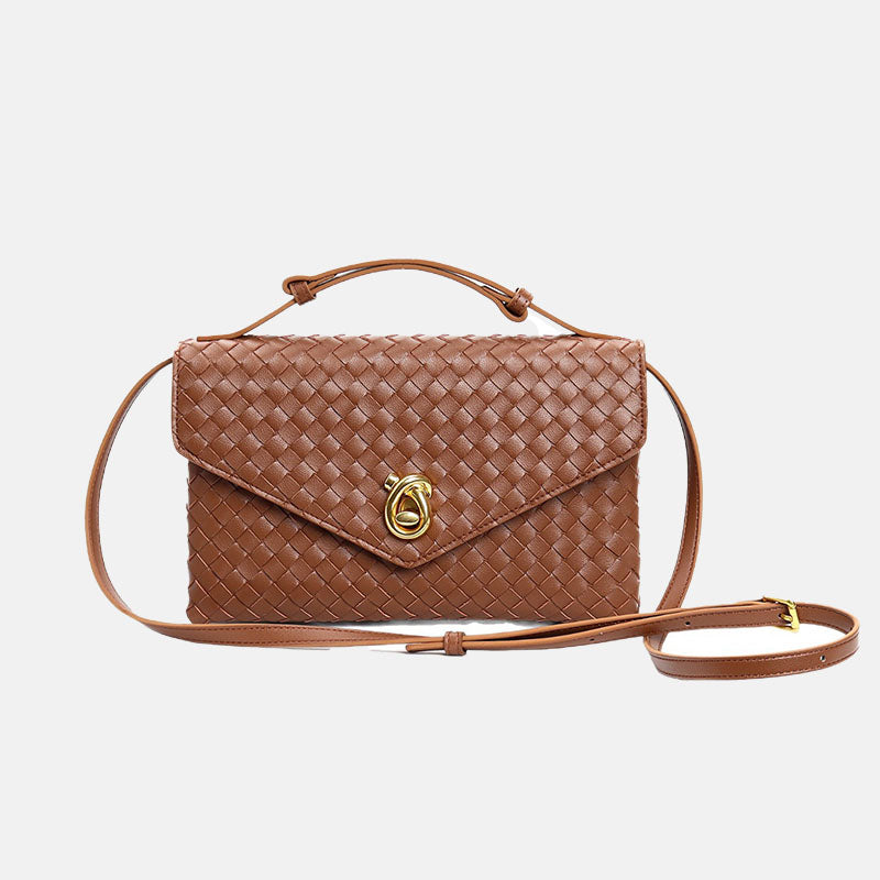 Women’s Vintage Woven Top-Grain Leather Messenger HandBag In Gold Hardware image 10