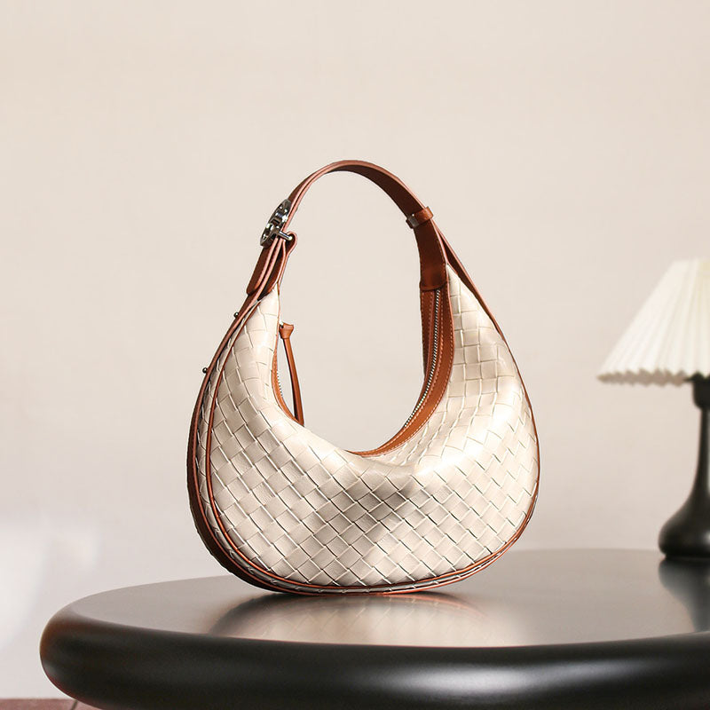 Women’s Woven Genuine Leather Zipper Crossbody Baguette Bag image 2