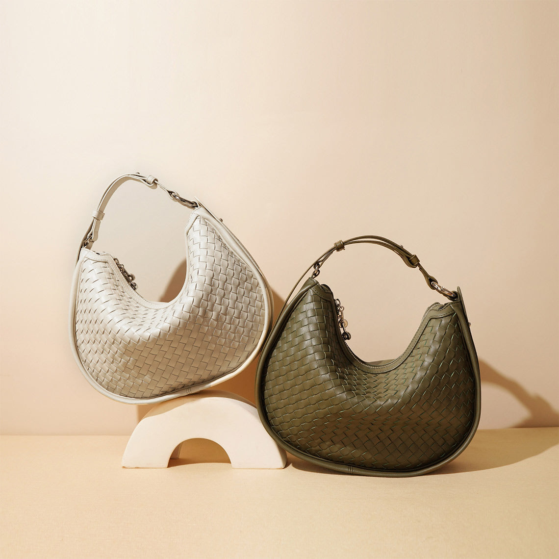White & Green Leather Hobo Bag | Woven Leather Bags for Women - Wirkin®