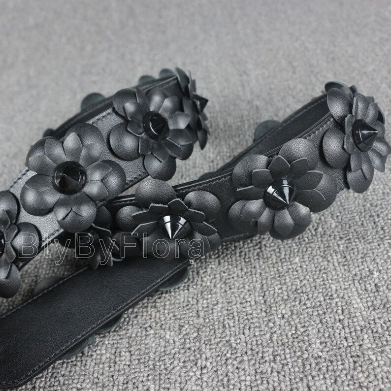 Luxury Black Leather Bandoulière (Designer Style): 3D Floral Appliqué & Studded Crossbody Strap