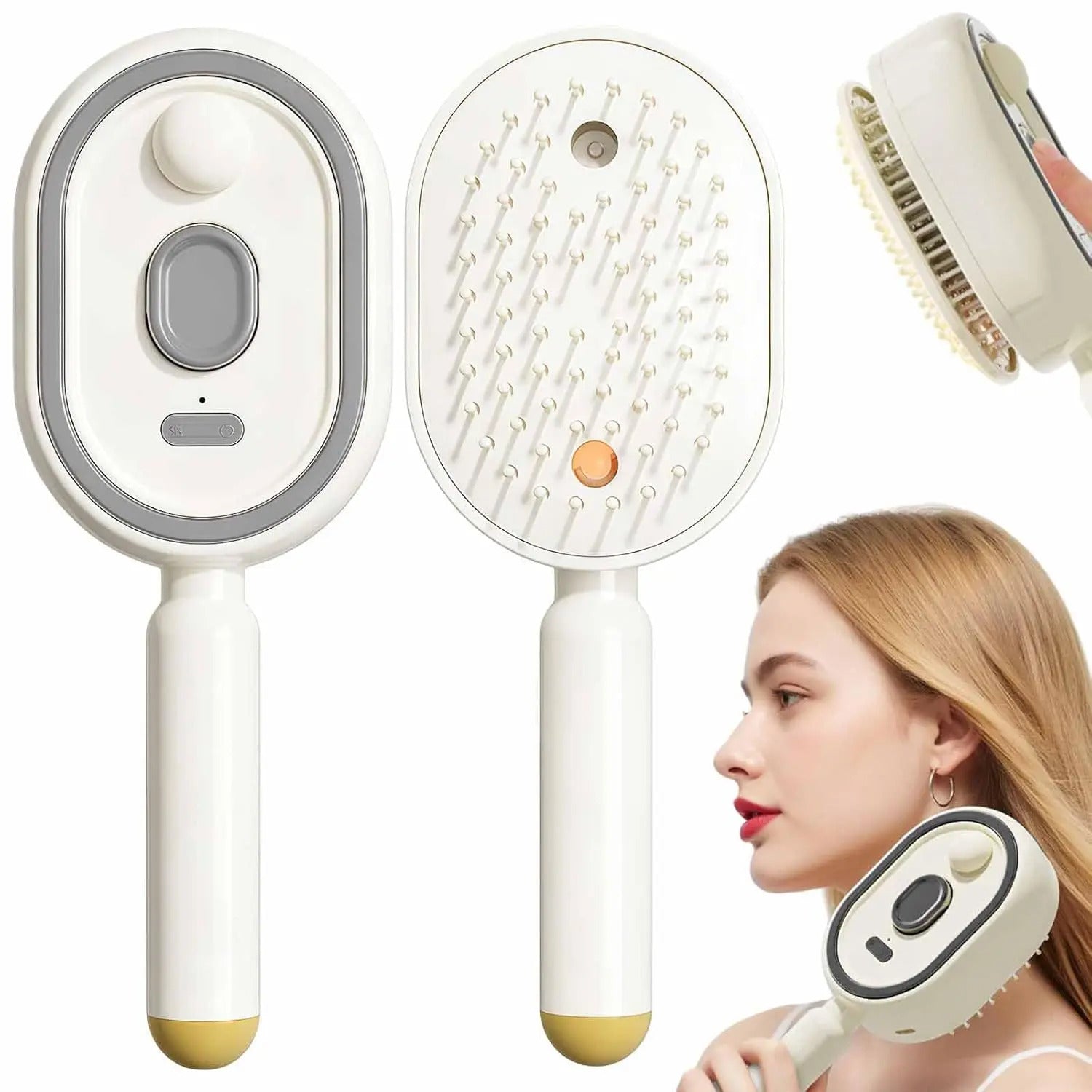 3-in-1 Scalp Spa Comb front and back view with lifestyle scene - scalp spa massager with oil atomization and red light