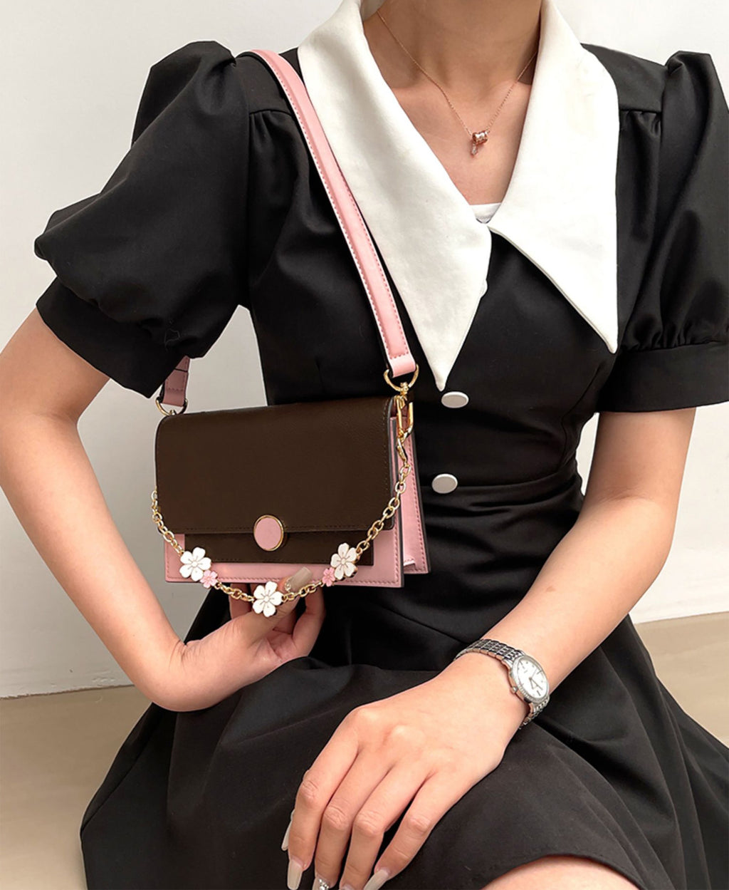 Small purse decorative chain, metal chain, pink cherry blossom bag accessories