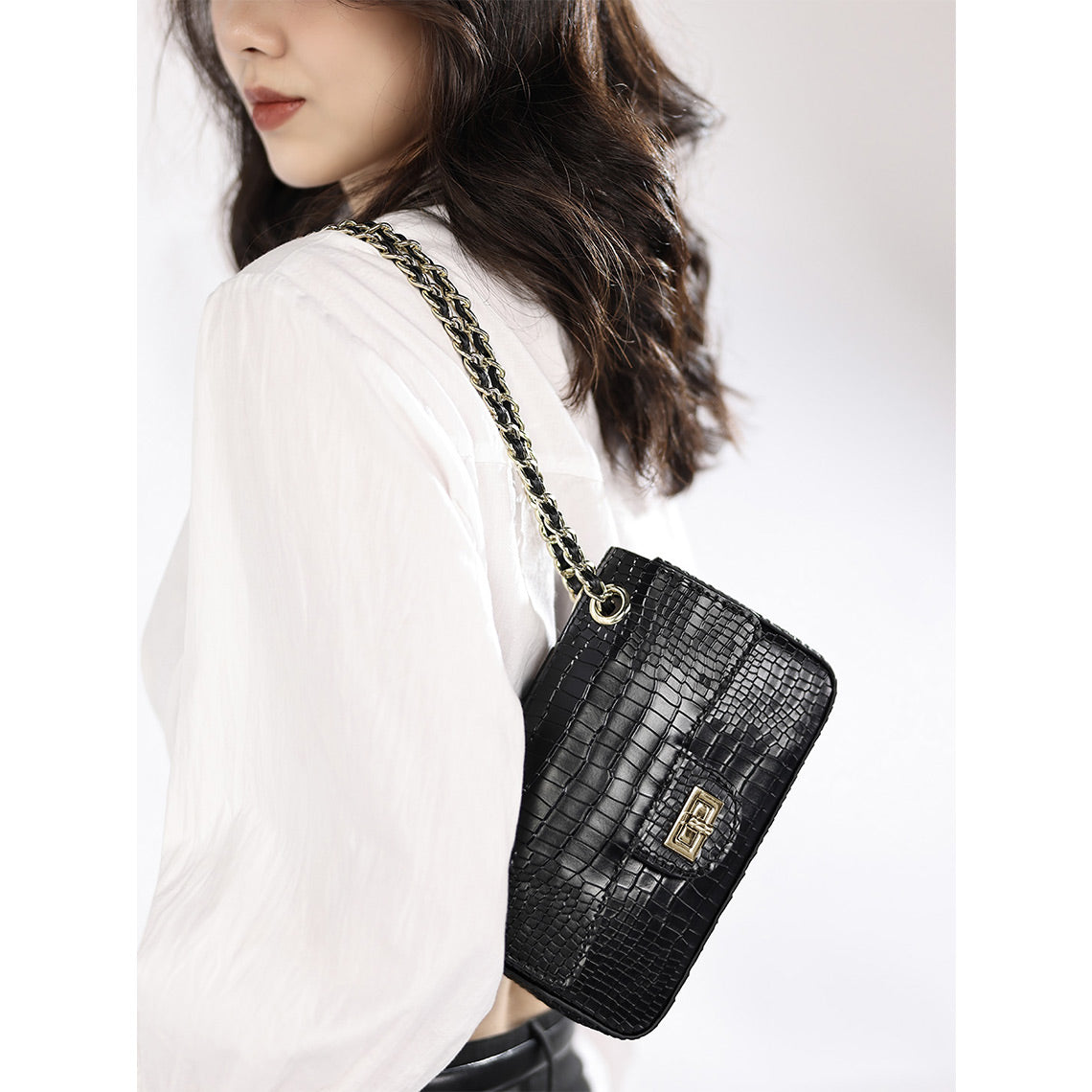 Women Shoulder Bag with Gold Chain | Crocodile Leather Bag - Wirkin™