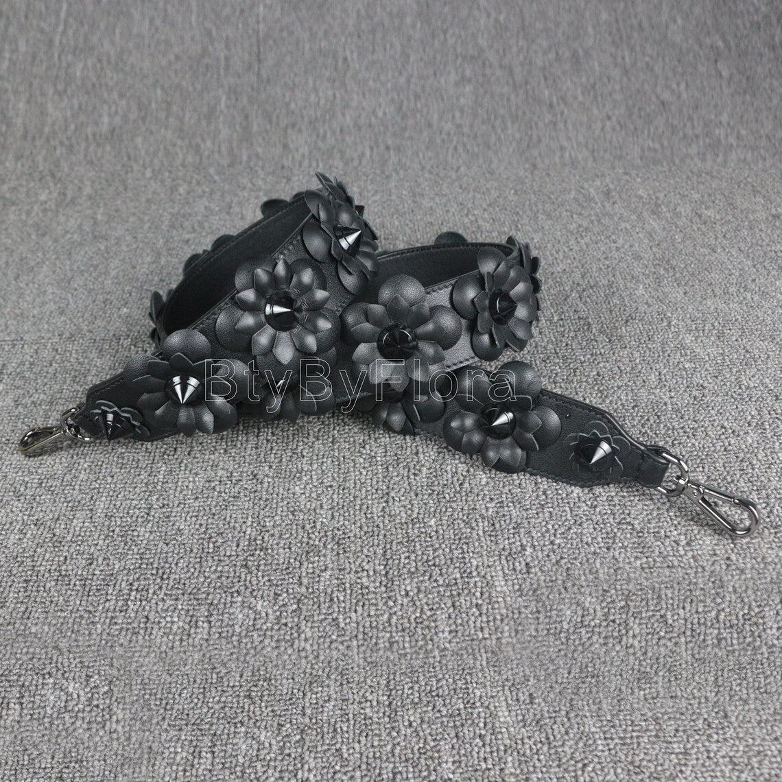 Luxury Black Leather Bandoulière (Designer Style): 3D Floral Appliqué & Studded Crossbody Strap