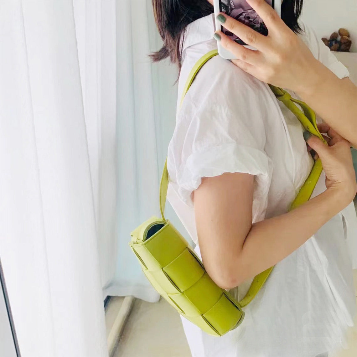 Intrecciato Leather Shoulder Bag in Green | Woven Shoulder Bags - Wirkin™