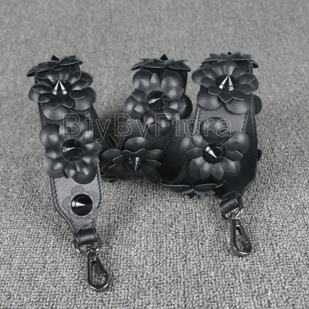 Luxury Black Leather Bandoulière (Designer Style): 3D Floral Appliqué & Studded Crossbody Strap