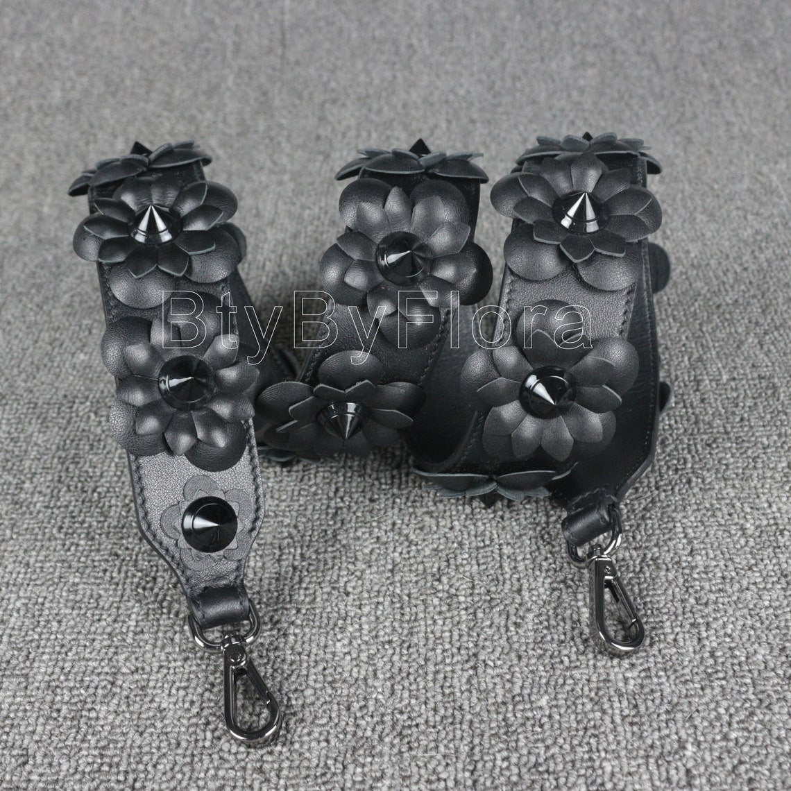 Luxury Black Leather Bandoulière (Designer Style): 3D Floral Appliqué & Studded Crossbody Strap