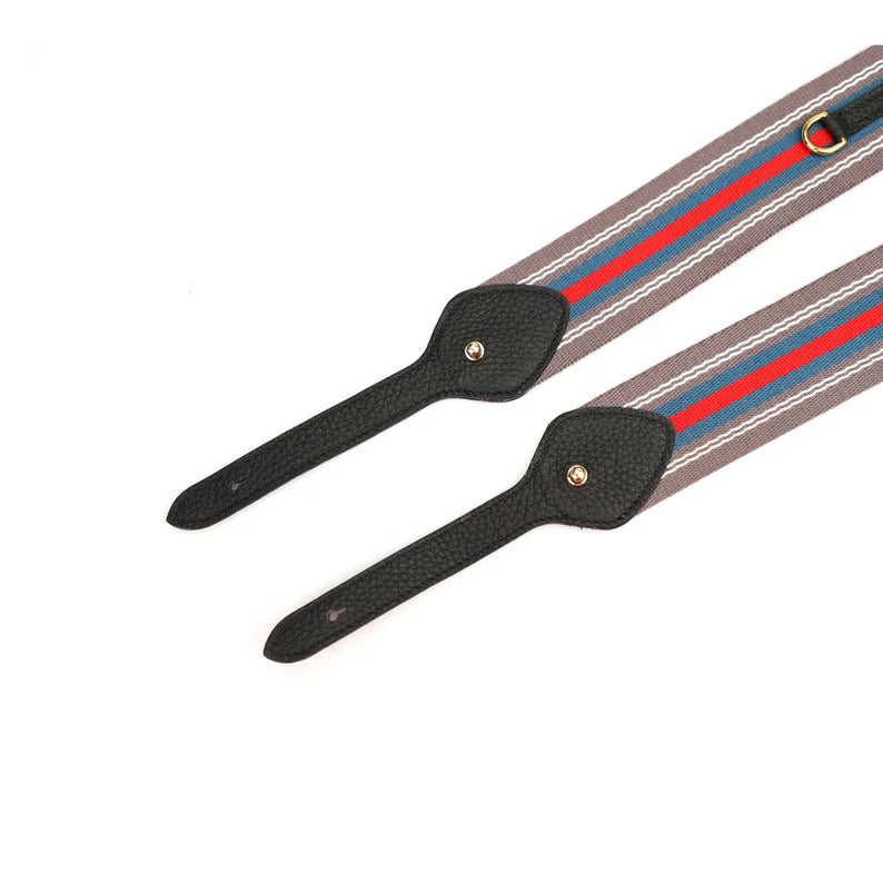 Striped Bag Strap: Adjustable Cotton Webbing with Black Leather Ends