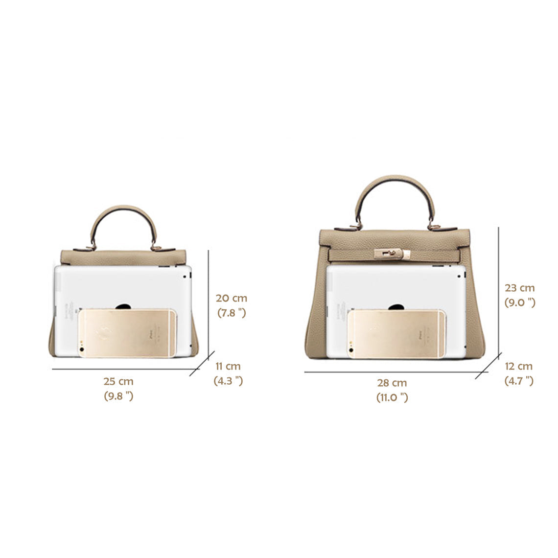 Designer Luxury Handbag Size | Inspired Kelly 25 & 30 Size - Wirkin™
