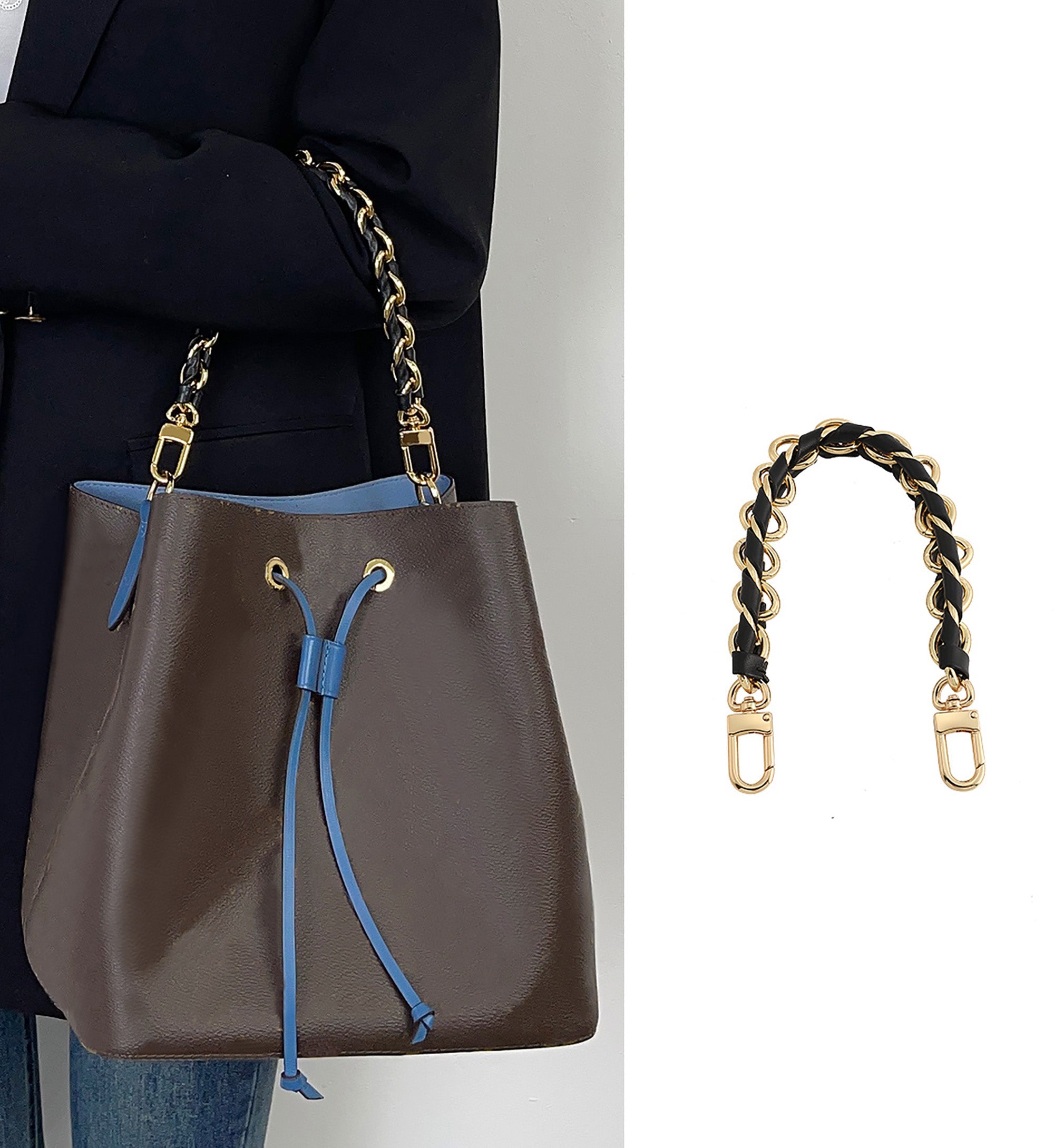 The NéoNoé bucket bag handbag strap, black genuine leather material underarm shoulder strap, and metal material fashionable underarm shoulder strap.
