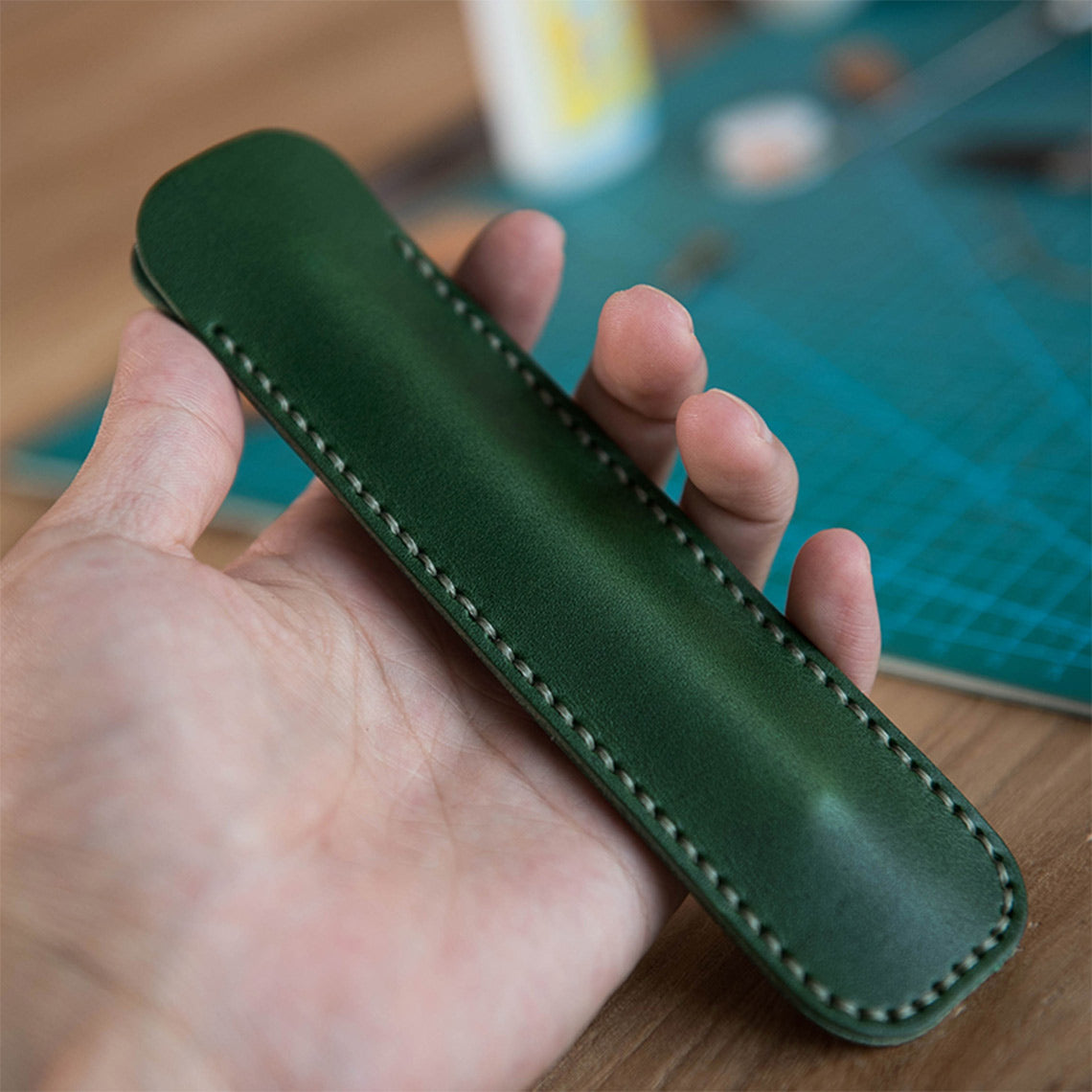Dark Green Leather Single Pen Sleeve | Vintage Handmade Pen Case - Wirkin™