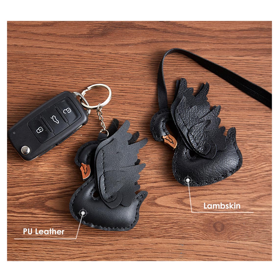 Black PU Leather and Lambskin Swan Bag Charm Keyring - Wirkin™ 