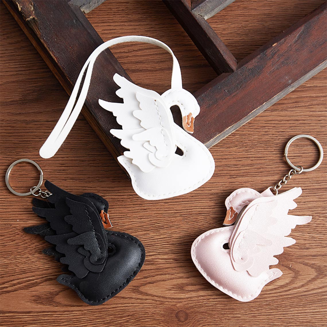 Black, White, Pink Lambskin Swan Bag Charm Keyring - Wirkin™ 